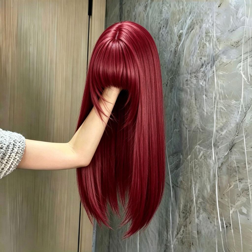 Fashion Wine-red Straight Wig Elegant Full Head Cover Wig for Summer Girls. Suitable for Daily Wear or Anime Cosplay