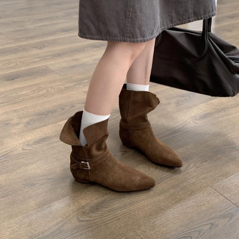 

2025 autumn and winter new flat-bottomed Martin boots women s retro belt buckle western boots low-heeled folded short boots 39 верблюд