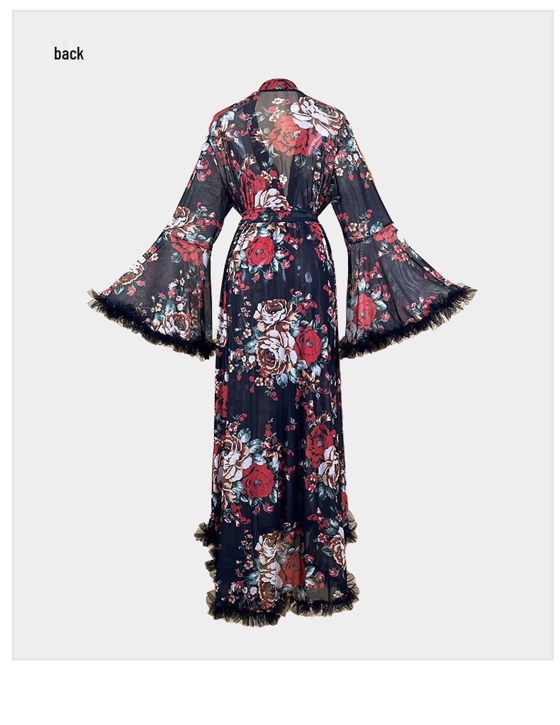 Elegantes Retro-Blumen-Netz-Bademantel mit Federbesatz - Durchsichtiges Loungewear-Design