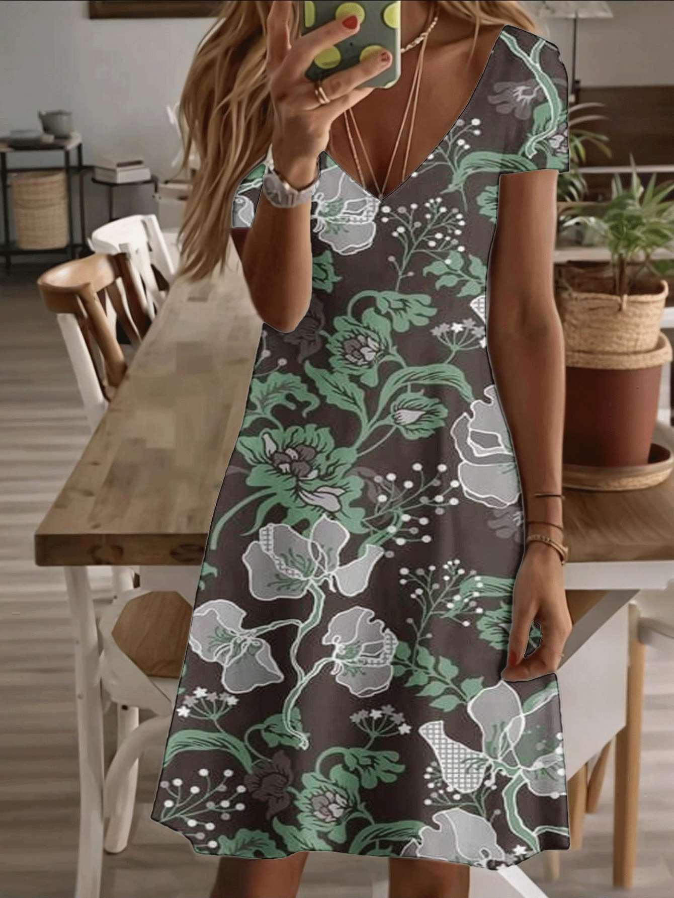 

Vneck shortsleeve midi dress green floral print pattern 3D premium printing durable casual fashion elegant summer women’s dress beach holiday outfit s XS дубильная кора