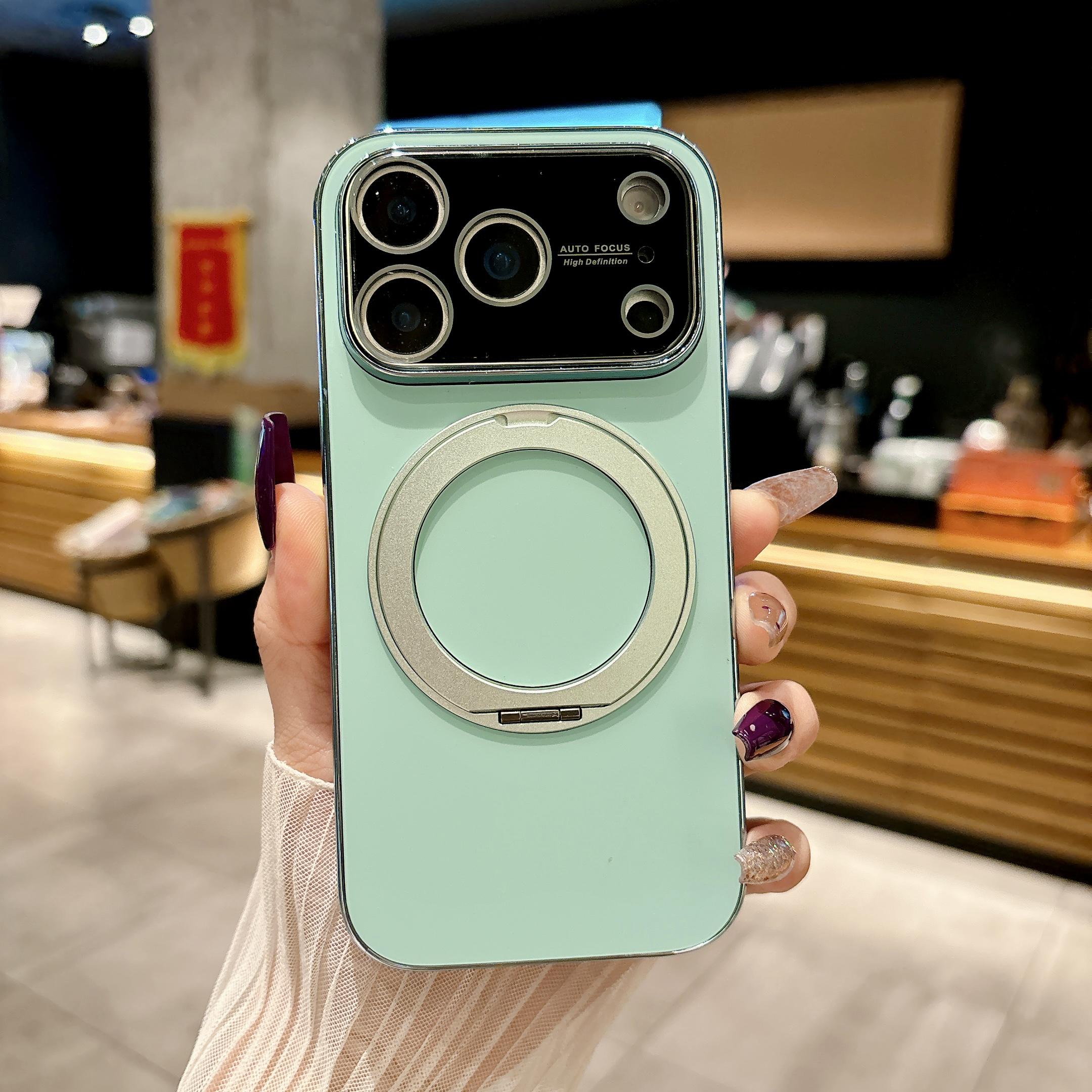 

360 Rotatable Metal Stand Magnetic Case For iPhone 17 Pro Max 16 15 14 13 Electroplating Cover With Camera Lens Protector iPhone 15 Pro Max светло-зеленый