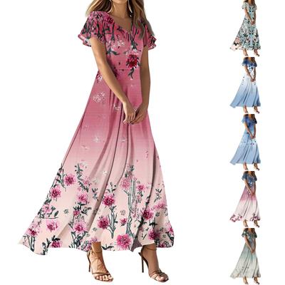 Damen Casual Mode Print Lange Kleider V-Ausschnitt Kurzarmkleider