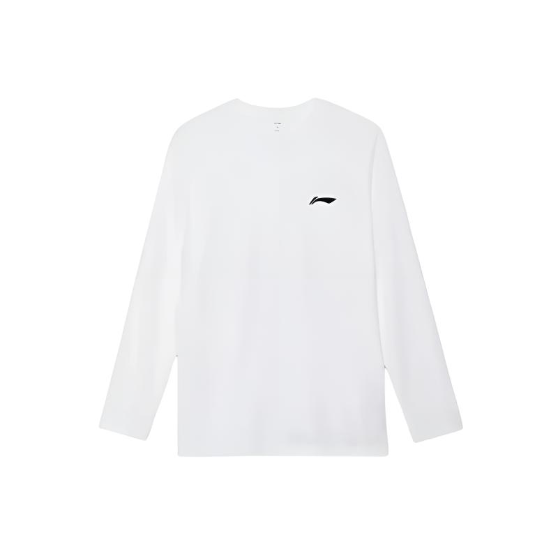 Li-Ning Plain Simple Cotton Soft Skin-Friendly Versatile Thin Fleece Warm Round Neck Pullover Long Sleeve T-Shirt Men Tops White YTLV111-2