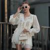 Chiffon Long-sleeved Dress European and American Spring New Lantern Sleeve Lace-up Short Skirt Ruffle Leaf Edge Dress
