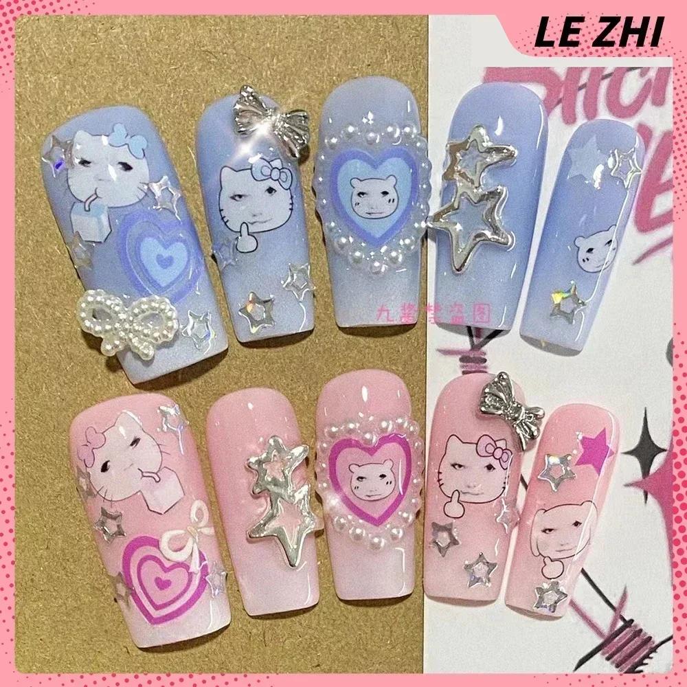 Kawaii Handmade Square Press On Nails Art Party Stickers Cute Flower Panda Bear Animal Custom Acrylic Fake Nails