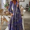 Bohemian Style Flared Sleeve Print V-neck High Waisted Vacation Dress with Floral Detailing for Women