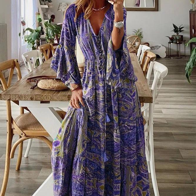 Bohemian Style Flared Sleeve Print V-neck High Waisted Vacation Dress with Floral Detailing for Women