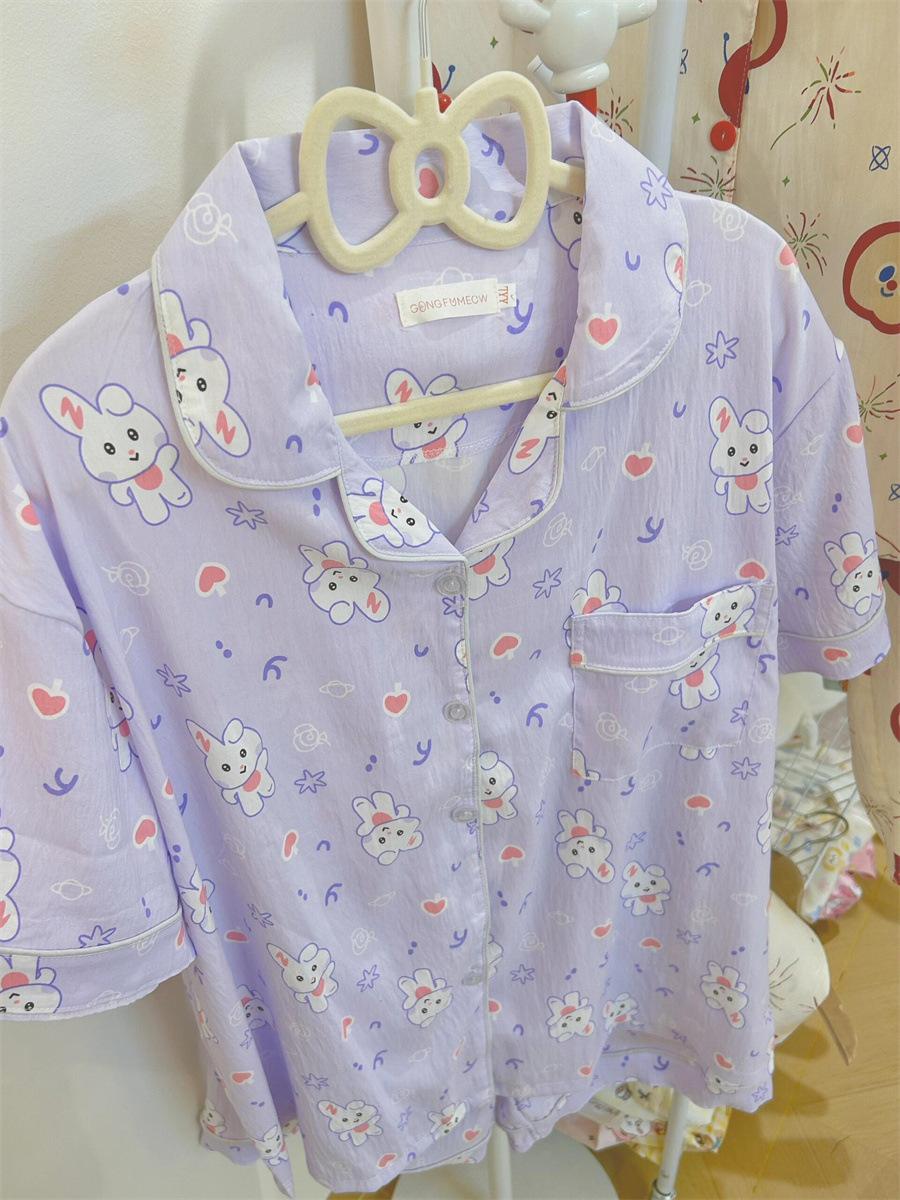 Purple Moon Rabbit Pajamas Women s Summer Short Sleeve Shorts Cardigan Two-piece Set Women s Casual Homewear Two-piece Set S