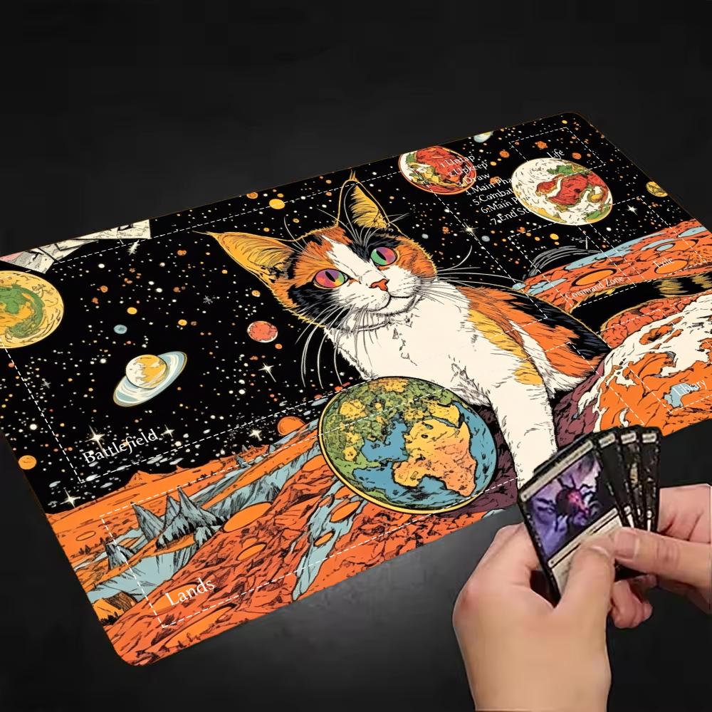 Cute Tri‑Color Cat TCG Playmat Mouse Pad Playmat 24"X14" MTG TCG Office Desk Mat for Work Game PC Laptop Rug Carpet MousePad