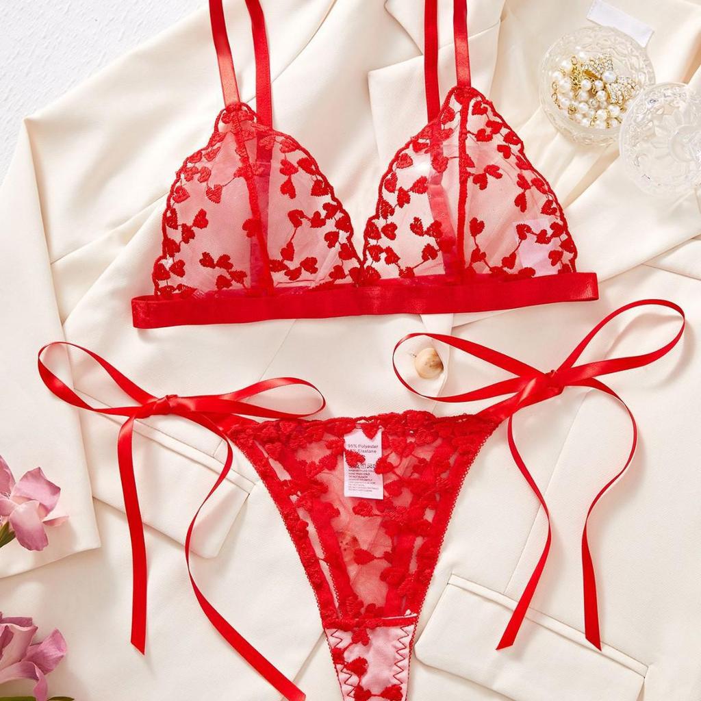 European & American Autumn Love Heart Bowknot Lingerie: Sexy Sheer Embroidered Design
