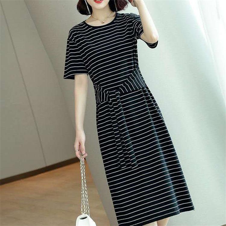 Southeast Asia Plus Size Mid-Length Striped Short Sleeve Waist-Cinching Dress, Korean Style 2026