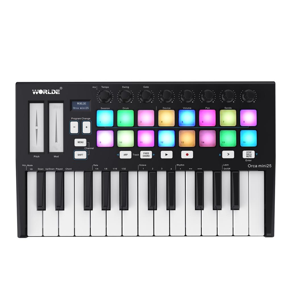 Portable 25 Key USB MIDI Keyboard Controller with 16 RGB Backlit Trigger Pads 8 Assignable Control Knobs