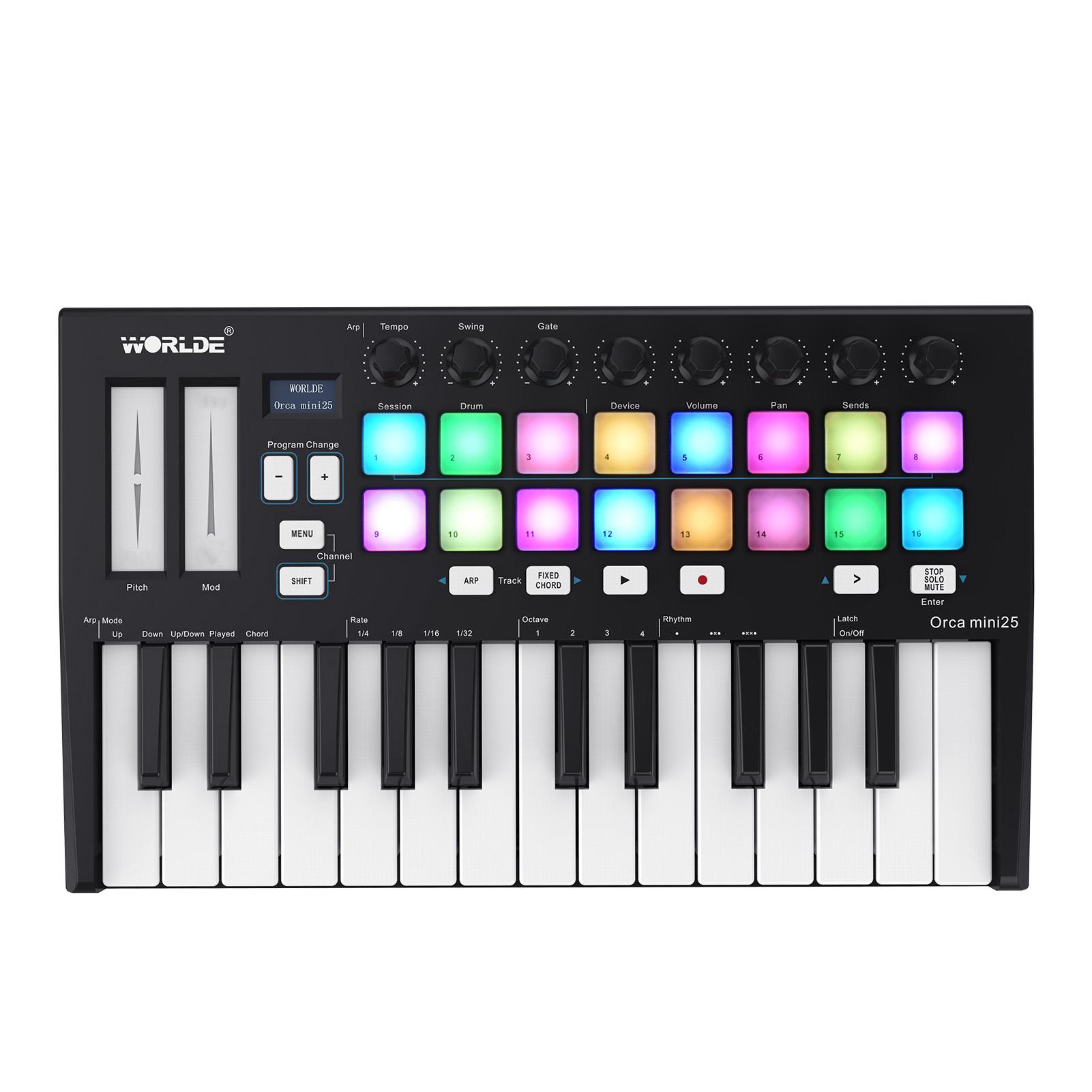 

Портативный 25-клавишный USB MIDI-контроллер с 16 RGB-подсветкой триггерных пэдов и 8 назначаемыми ручками управления
