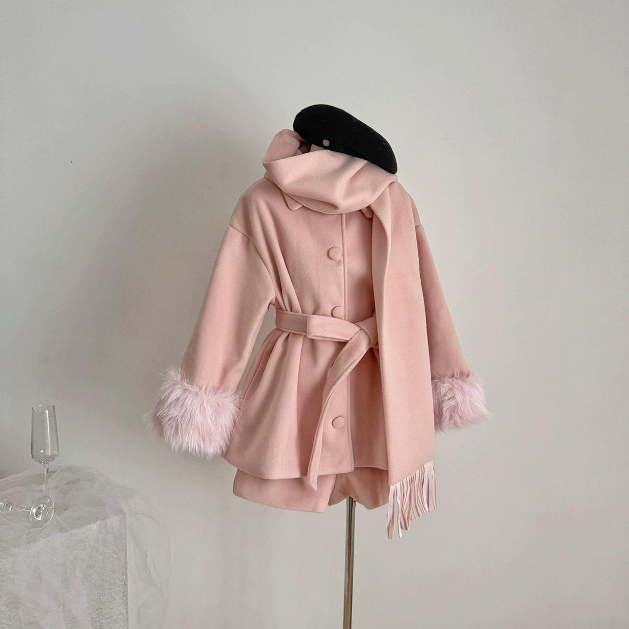 Korean Style Pink Scarf Collar Wool Coat - Autumn/Winter Women s Loose Fit Small