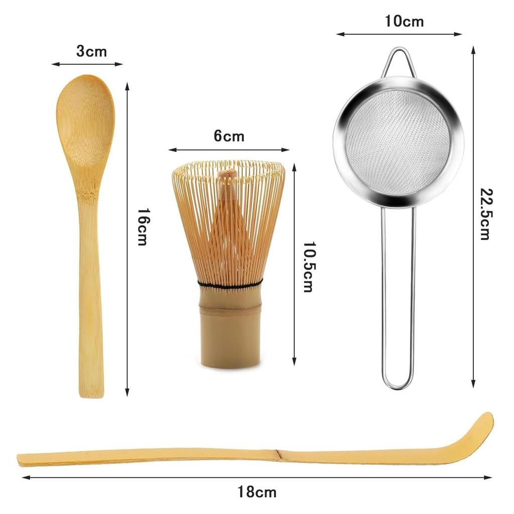 BTtime 4-Piece Tea Ceremony Utensil Set (Hyakuhontate) - Includes Bamboo Chasen, Chashaku, Matcha Powder Whisk, and Matcha Powder Sifter (Chasen +