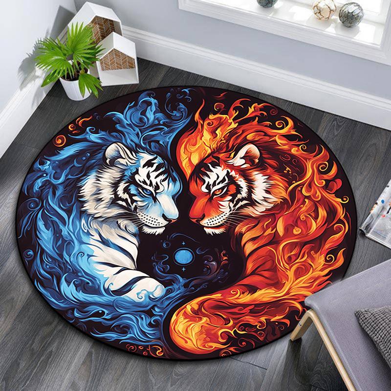 Yin Yang Tiger Round Area Rug,Carpet Rug for Living Room Bedroom Sofa Playroom Decor,Non-slip Floor Mat