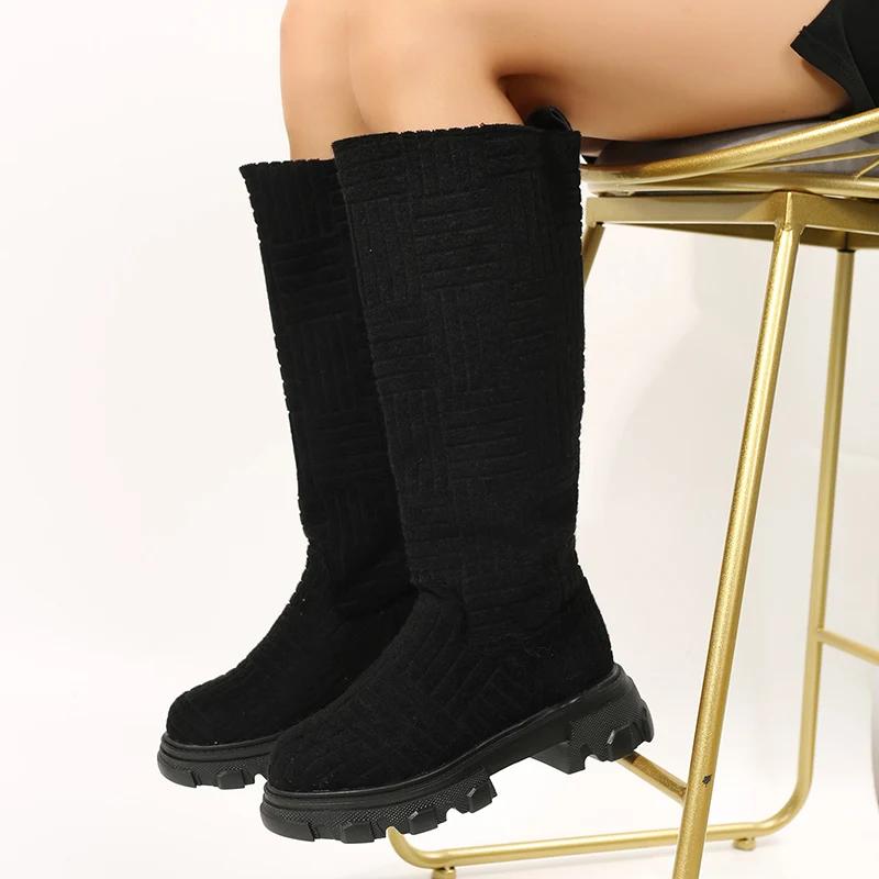 Fashion Plus Size 43 Women Platform Shoes Round Toe Slip-On Knee-high Boots Fashion Anti Slip Thick Sole Mid Heels Botas Mujer
