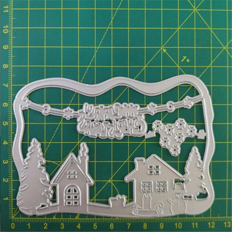 1/2Pcs Metal Cutting Dies Christmas House Xmas Tree Snow Scene DIY Scrapbooking Stencils for Paper Cards Album Decor Light Grey