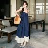 French Mori Girl Blue Plaid Spaghetti Strap Maxi Dress