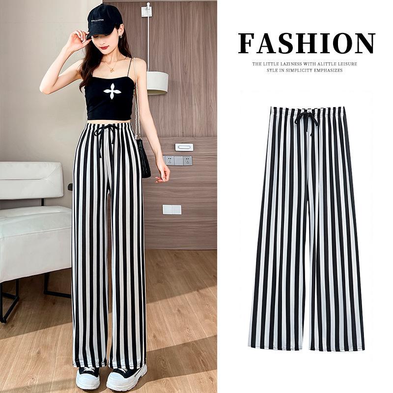 Women's 2026 Summer Ink Painting Wide-Leg High-Waisted Checkered Ice Silk Pants