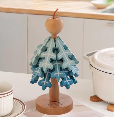 Wooden Christmas Tree Trivets for Hot Dishes Foldable Coasters Pot Holders Heat Resistant Silicone Table Protector Creative Gift for Home Kitchen