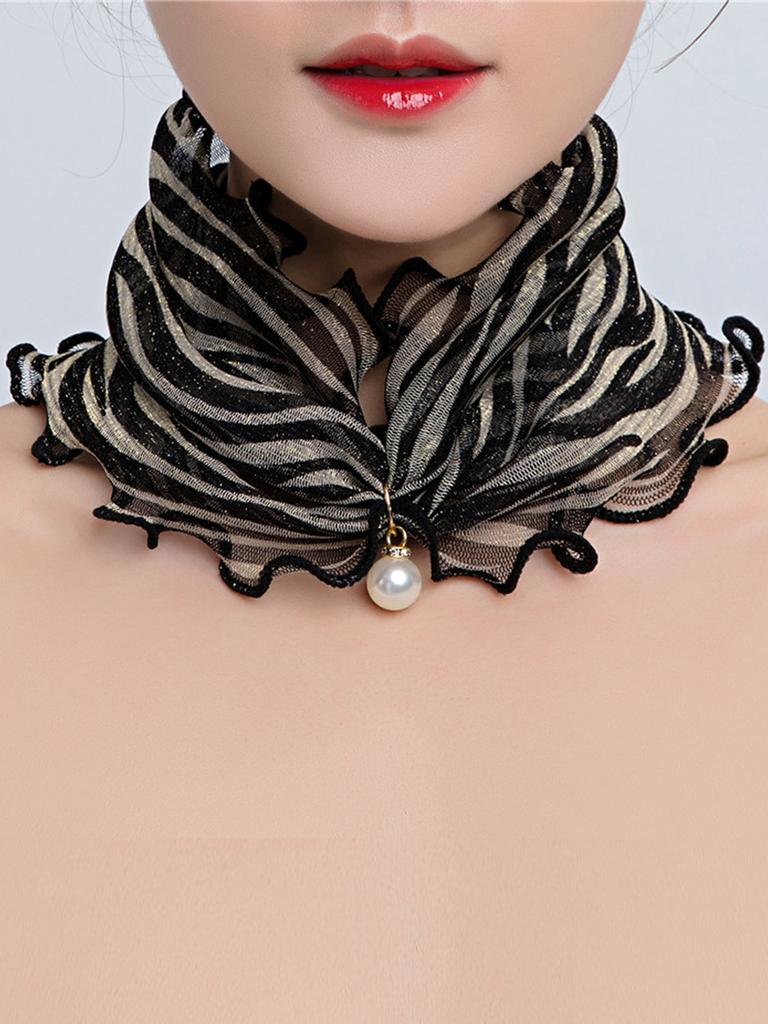 Women Gold Silk Ruffle Ring Scarf Fake Pearl Pendant Fashion Chiffon Neck Collar Thin Anti-UV  Neckerchief Hair Bandana Headban
