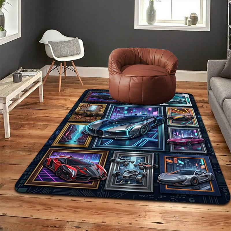 Futuristic Car Gallery Pattern Rug Floor Mat for Living Room or Bedroom Soft and Comfortable Carpet a Gift for Birthday and Holiday.