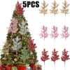 5Pcs Glitter Gold Leaves Xmas Tree Hanging Ornament Flower Artificial Plants Pine Branches Christmas Decoration for Home Navidad