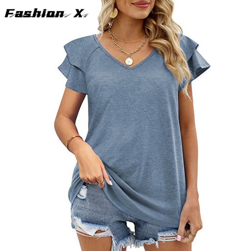 

Новая летняя однотонная свободная футболка с v-образным вырезом и двухслойными рукавами с рюшами 2XL