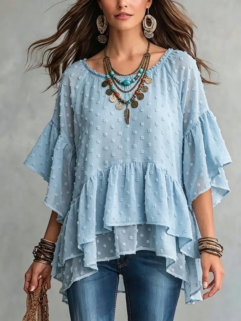 Women S Bohemian Style Chiffon Shirt Loose Round Neck Flared Sleeve Irregular Hem Top