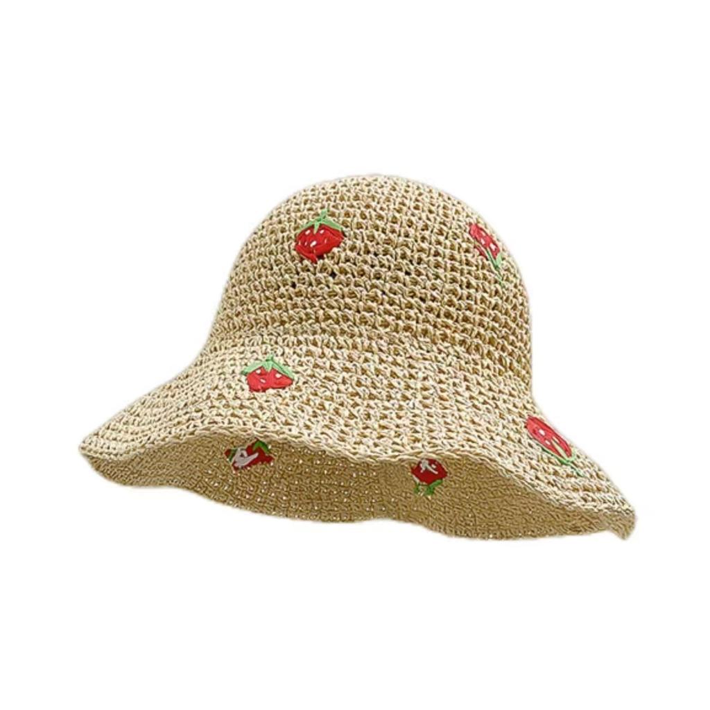 Sweet bow embroidered straw hat women's seaside vacation fisherman's hat children's summer hollow breathable straw visor