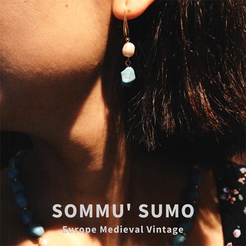 Однотонная пена ретро французский синтетический бирюзовый натуральный пресноводный жемчуг бусина-разделитель темперамент позолоченные серьги ожерелье женщины