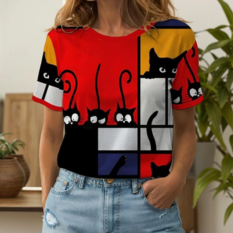 Women Summer T Shirt Retro Fashion Short Sleeve Tees Casual  Kitten Printed  Tops