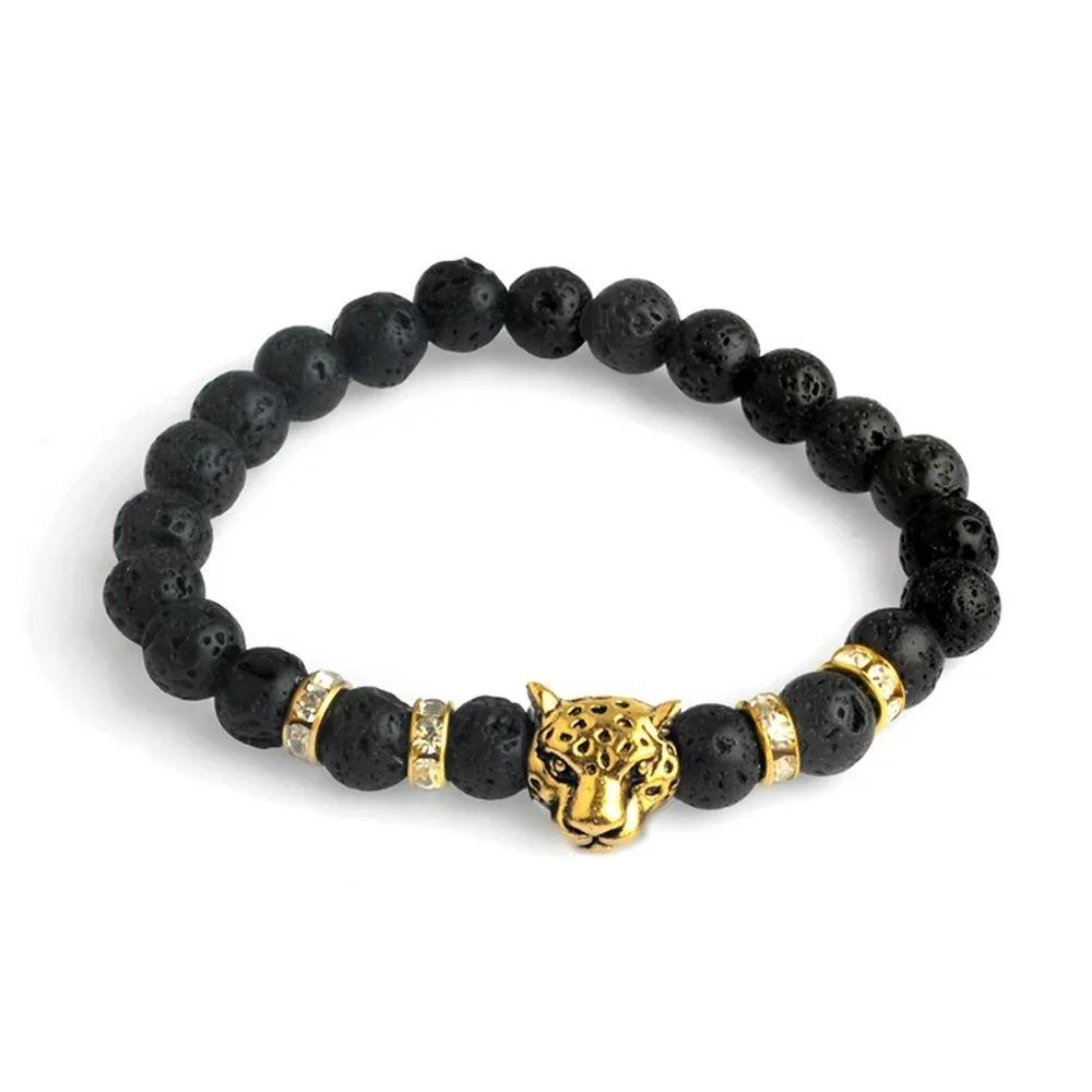 SUMENG Men Matte Black Onyx Tiger Leopard Beaded Bracelet Natural Stone Lucky Charm Strand Bracelet Fashion Jewelry Accessories
