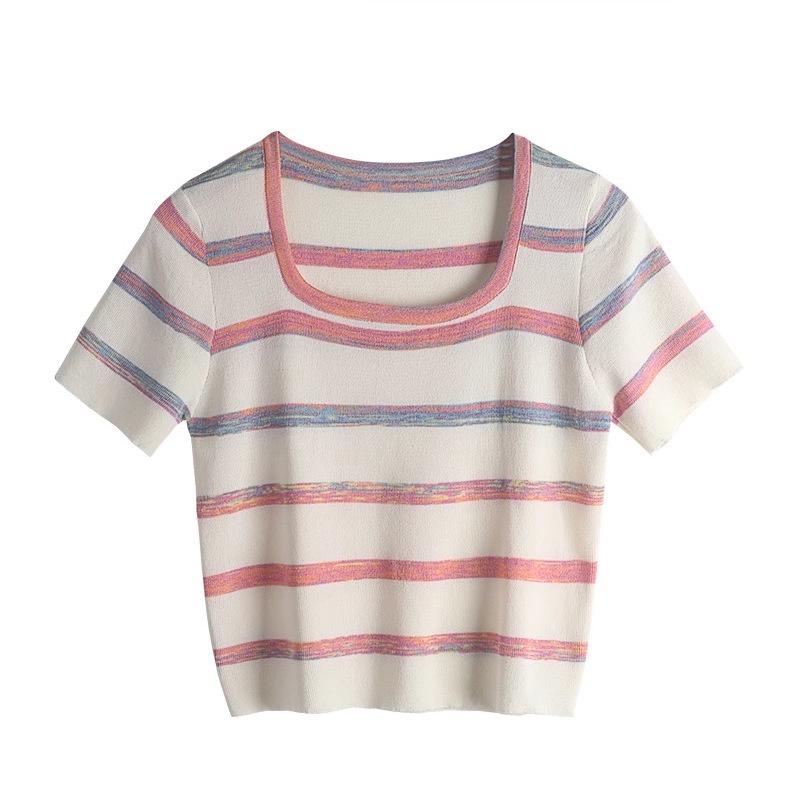 Women's Summer Rainbow Stripe Ice Silk T-Shirt, Plus Size, French Square Neck, Short Sleeve, Slimming Top