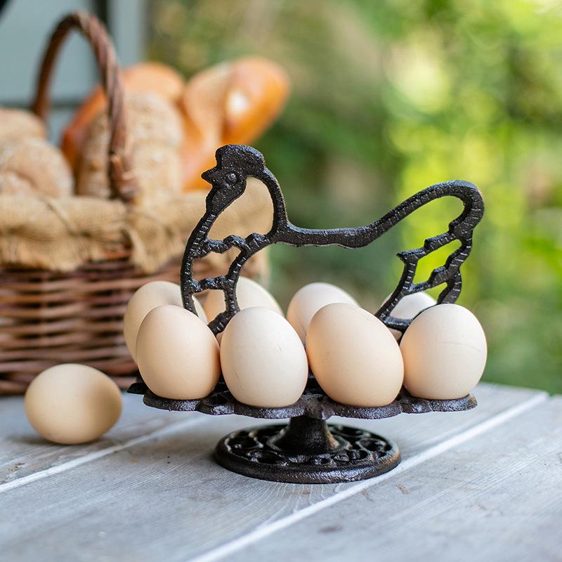 Vintage Cast Iron Egg Rack with Rooster Ornament - Nostalgic American Country Kitchen Decor