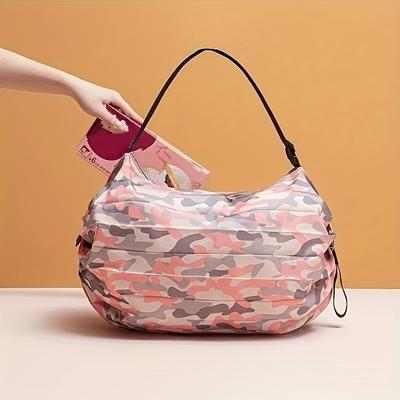 1pc Large Capacity Foldable Shopping Bag, Portable Travel Tote with Anti Spill Design, Durable Nylon, Crossbody Shoulder Strap