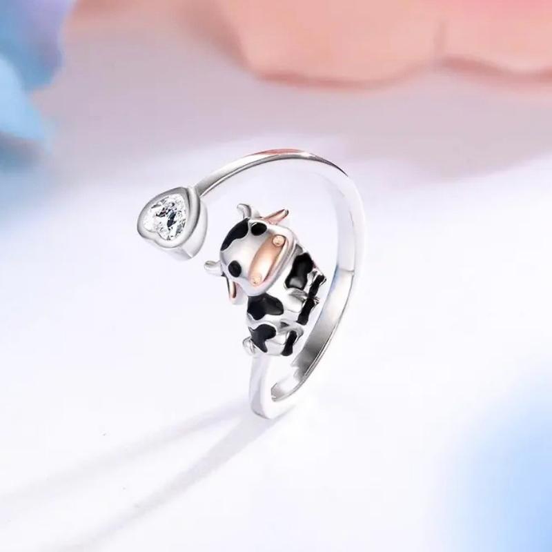 Cute Cow Opening Rings with Heart Cubic Zirconia for Women Pink Cow Animal Finger Accessory Daily Wear Statement Jewelry