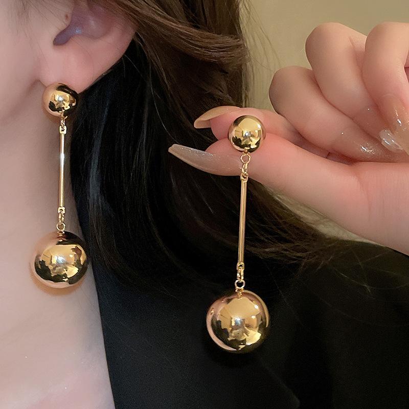 Round Ball Long Silver Needle Earrings Vintage Internet Celebrity Earrings