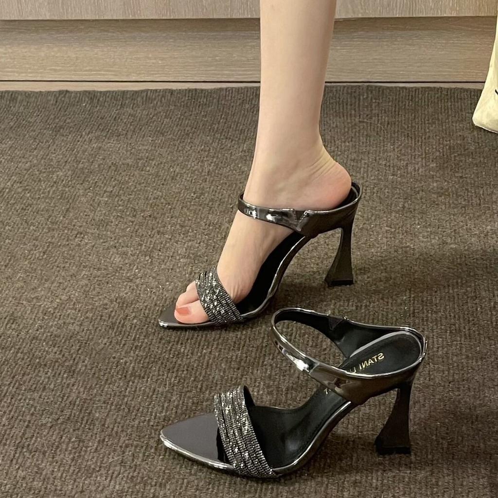 2025 New Fashion Rhinestone Sexy Outer Wear High-heeled Sandals Horseshoe Heel Pointed Open-toed Temperament Women's Sexy Sandals