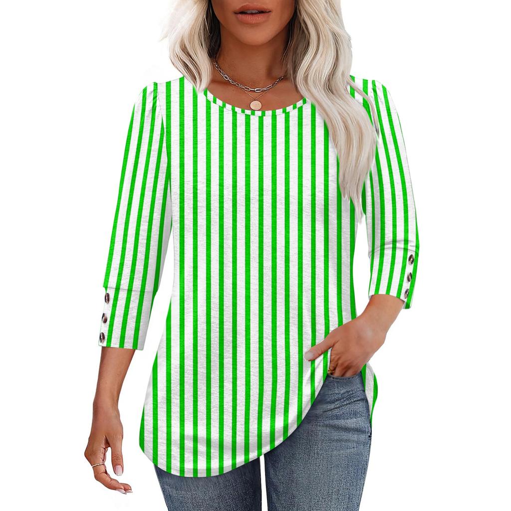 Women Casual Loose Fit Round Neck Three Quarter Sleeve Striped Blouse Button Detail Lightweight Top for Everyday Wear