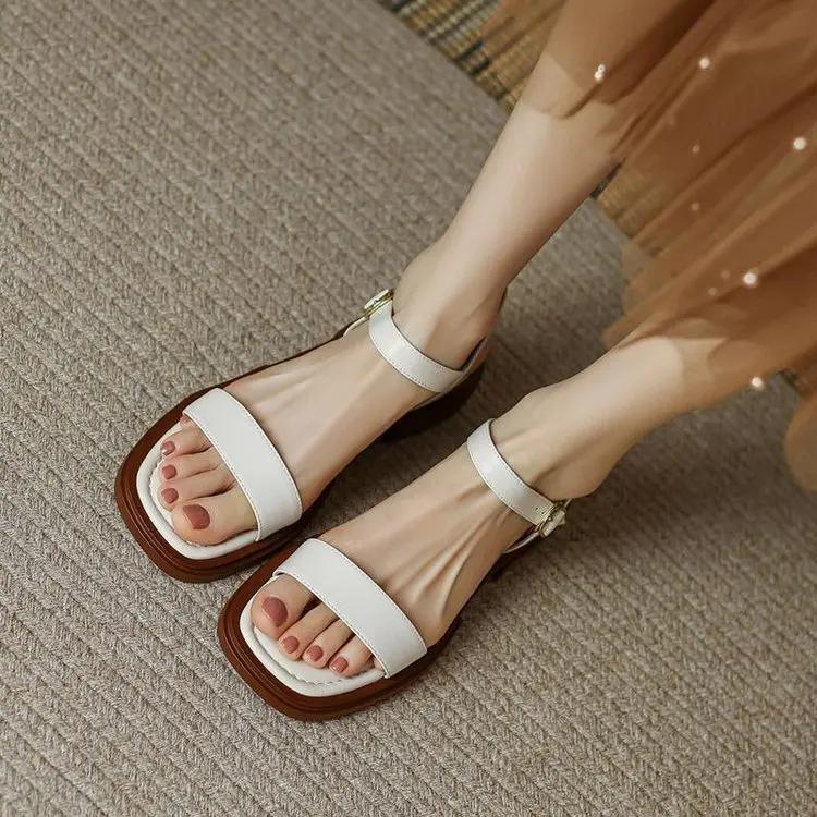 Fashion Summer Women Sandals Low Heels Basic Genuine Leather Office Ladies Casual Outdoor Shoes Woman Concise 2025