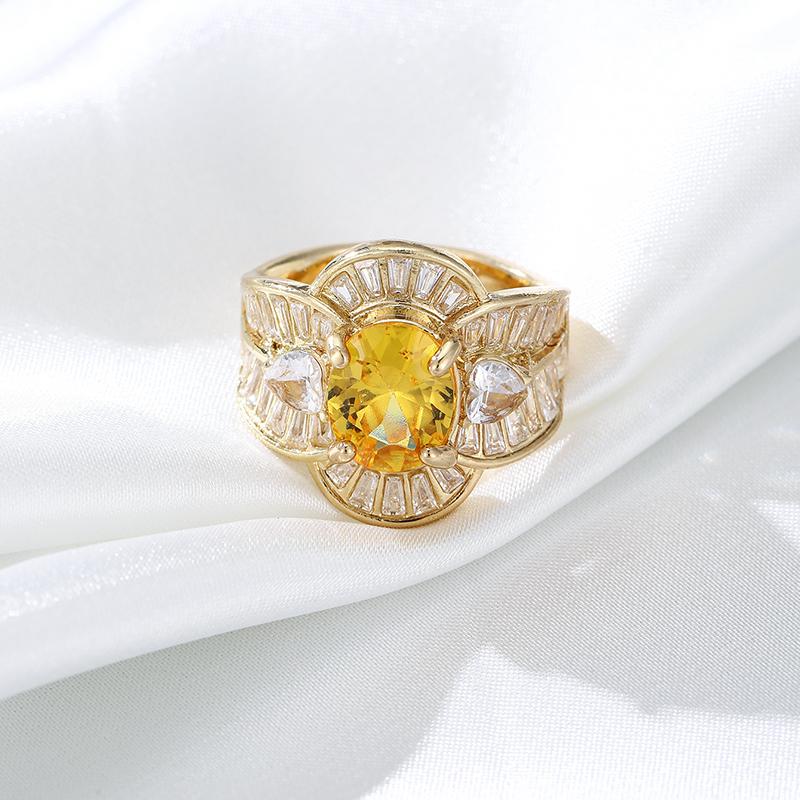 Vintage Luxury Sparkling Yellow Color Oval Inlaid Zircon Ring, Women's Fashion Trend Banquet Party Jewelry Gift