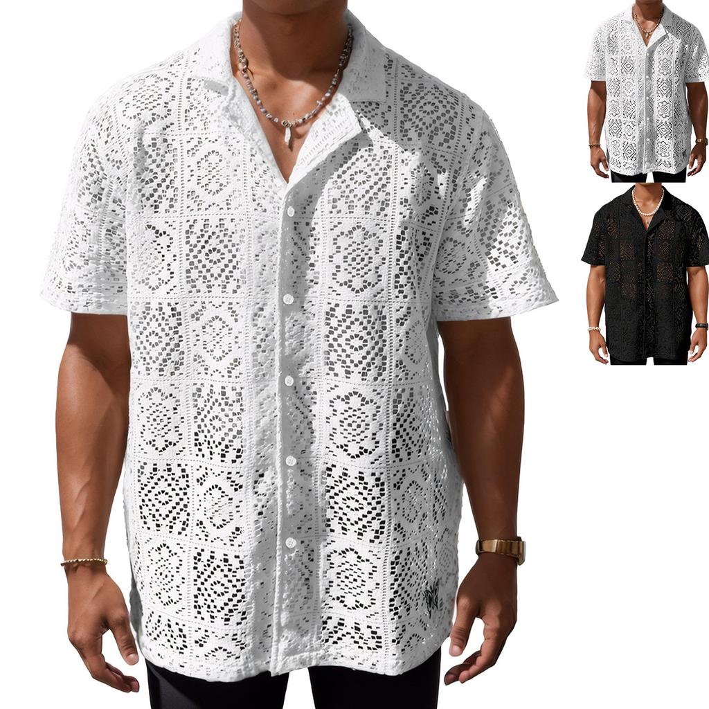 Men's Lace Short-sleeved Shirt With See-through Buttons, Holiday Casual Hollowed-out Top