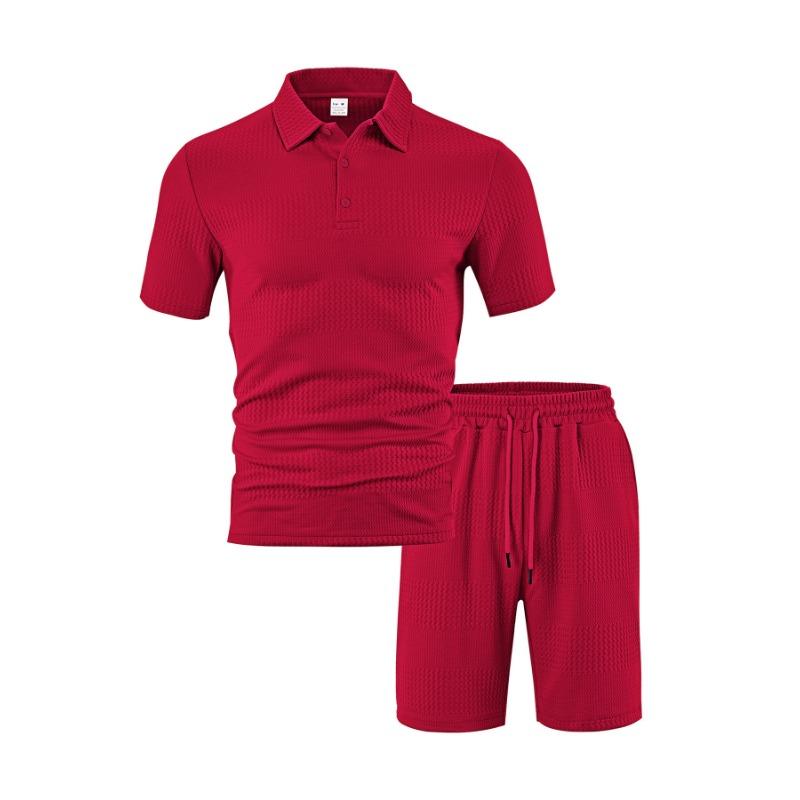 Mens Casual Two Piece Outfit Waffle Knit Short Sleeve Polo Shirt And Drawstring Shorts Set