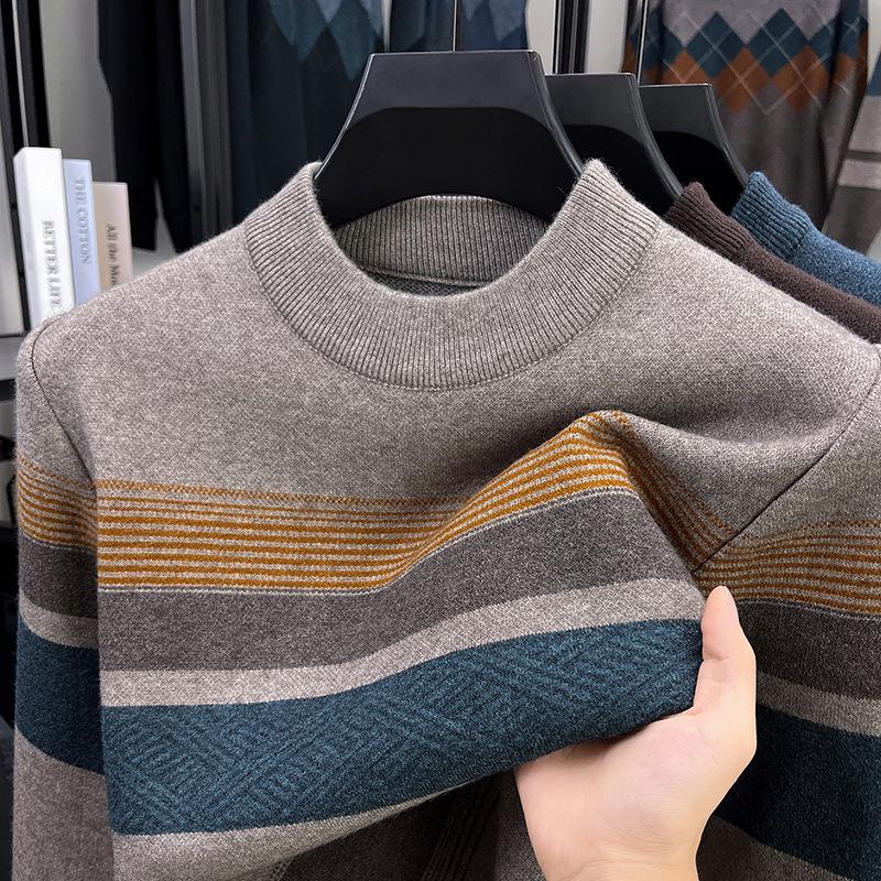 Men's Autumn/Winter 2025 Striped Knit Sweater - Middle-aged, Round Neck, Loose Fit, Elastic, Dad's Wardrobe Essential