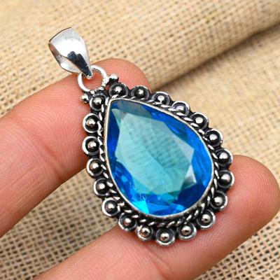 Blue Topaz Gemstone Handmade 925 Solid Sterling Silver Pendant For Wedding Gift