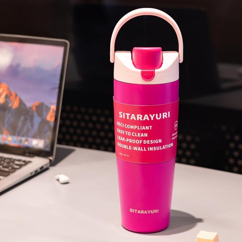 SITARAYURI Stainless Steel Insulated Bottle 900ML Double Drink Straw Thermos Cup Leak-proof Outdoor Sports Car Cups Hot Cold