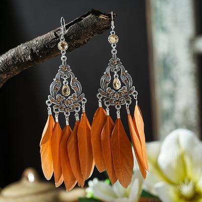Vintage Palace Style Rhinestone Flower Feather Earrings for Women Ethnic Elegant Long Hollow Out Dangle Earring Female Jewelry