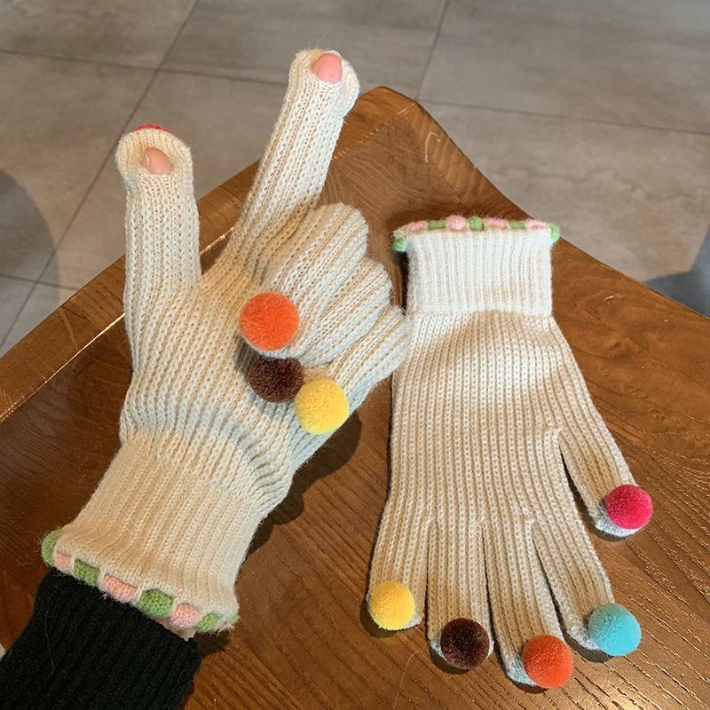 Colorful Ball Gloves for Women in Winter Cute Small Ball Touch Screen Exposed Fingers for Warmth Five Fingers for Cycling Warmth
